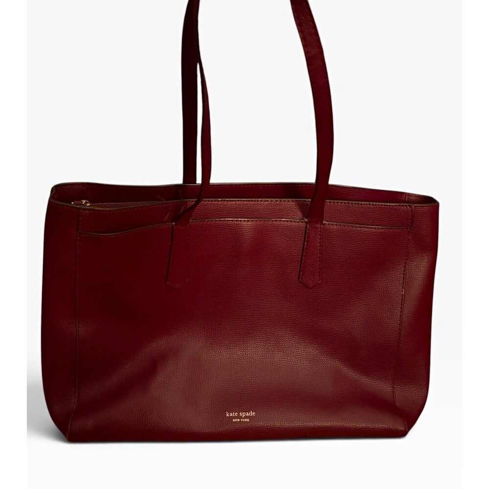 Kate Spade New York Burgundy Leather Tote Bag Zip Closure Logo Gold Hardware